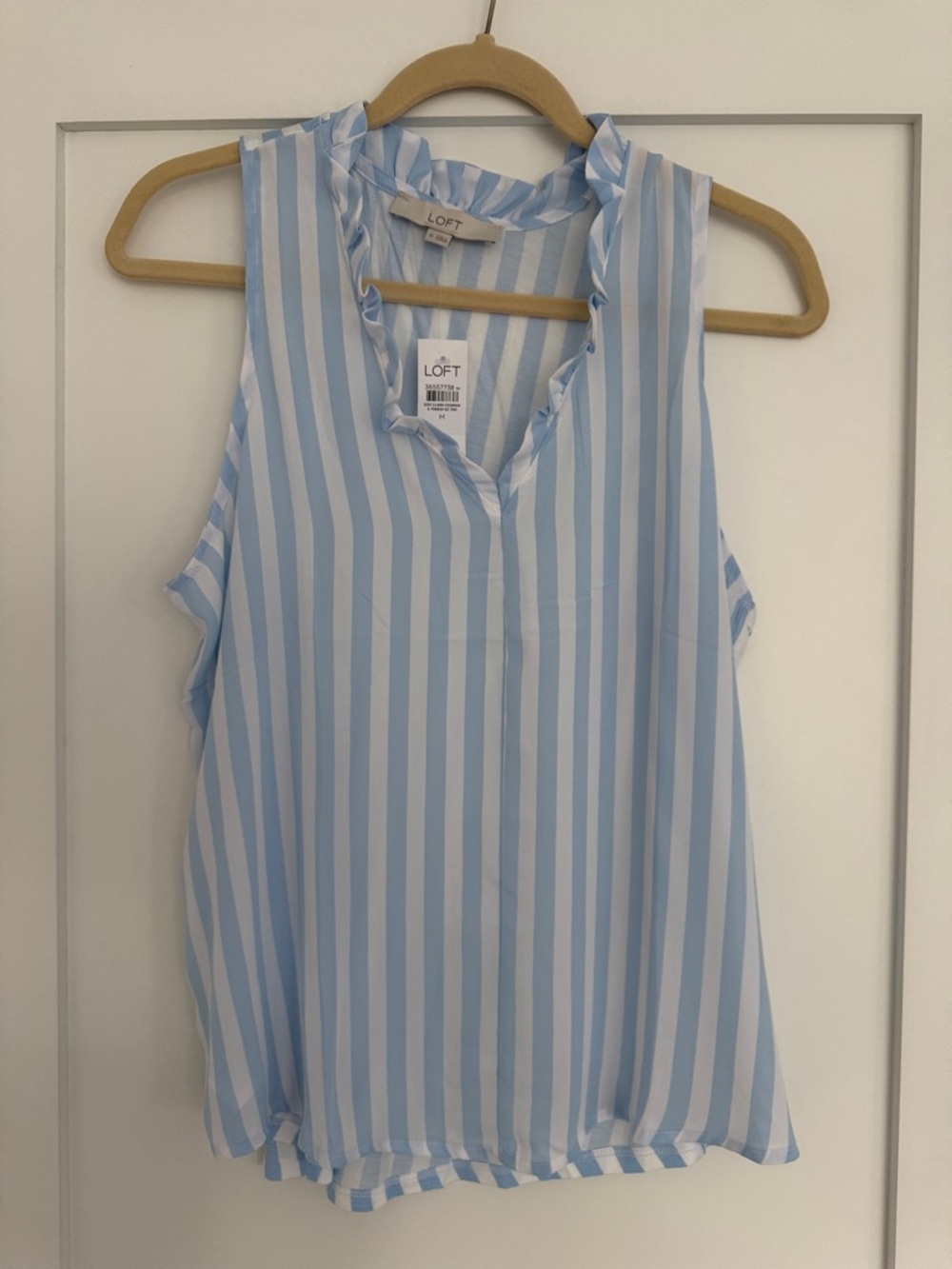 NWT LOFT Blue and White Striped Sleeveless Ruffle Neck Blouse
